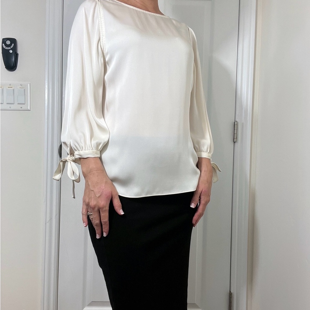 Elie Silk Cream Blouse with Tie Sleeves